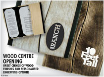 Wood centre opening Menu - Great choice of wood finishes and personalized engraving options