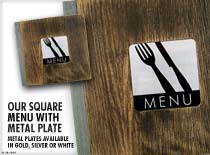 Square Menu - Our Square menu with metal plate, metal plates available in gold, silver or white